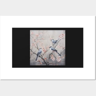 Grey and pink chinoiserie painting with birds and flowers Posters and Art